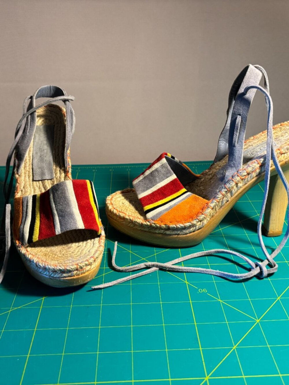 Ralph Lauren Collection Platform Ankle Tie Sandals Suede Jute Gray Orange Red 6